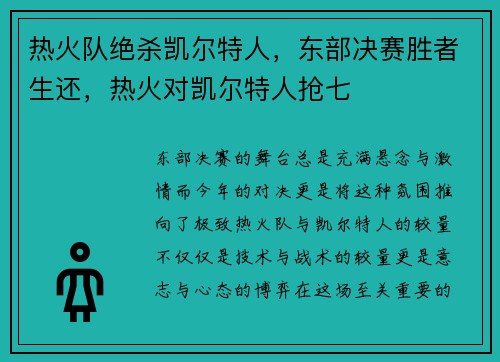 热火队绝杀凯尔特人，东部决赛胜者生还，热火对凯尔特人抢七