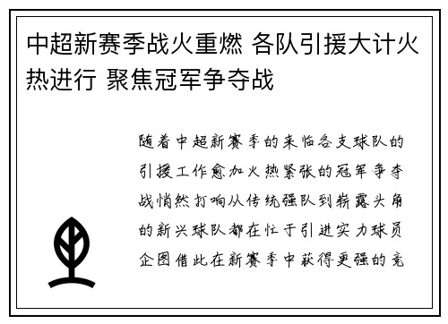 中超新赛季战火重燃 各队引援大计火热进行 聚焦冠军争夺战