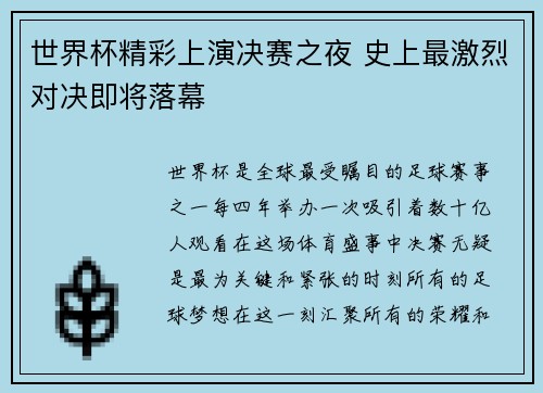 世界杯精彩上演决赛之夜 史上最激烈对决即将落幕