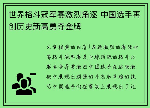 世界格斗冠军赛激烈角逐 中国选手再创历史新高勇夺金牌