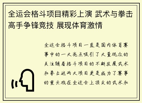 全运会格斗项目精彩上演 武术与拳击高手争锋竞技 展现体育激情