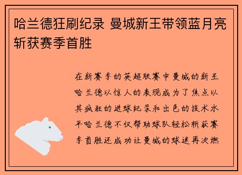 哈兰德狂刷纪录 曼城新王带领蓝月亮斩获赛季首胜